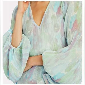 GANNI | Accordian Pleated Georgette Balloon Sleeve Blouse Top Blue Abstract